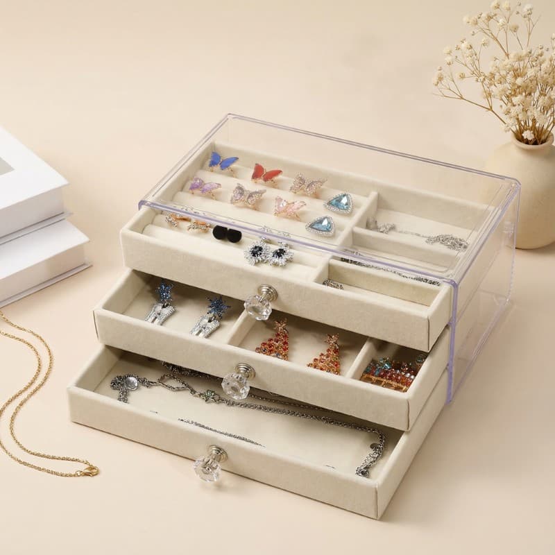 3-Drawer Stackable Velvet Jewelry Box – Elegant Jewelry Organizer with Soft Lining - View 1