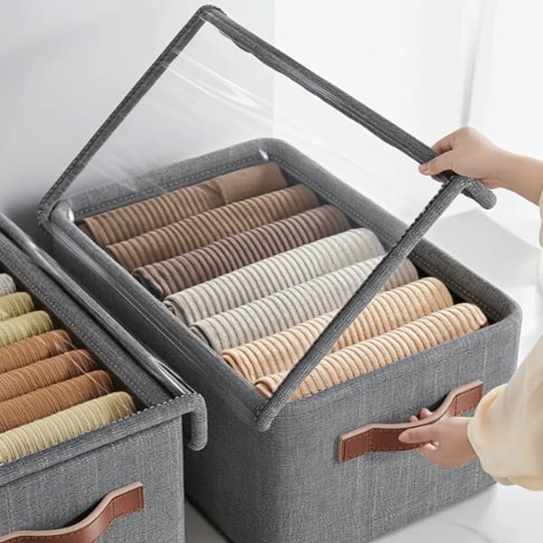 Foldable Storage Organizer Basket with Lid – Transparent Fabric Closet & Wardrobe Storage Box for Clothes (Pack of 1) - View 1