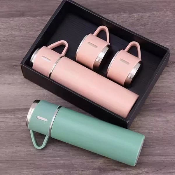 nsulated Stainless Steel Vacuum Flask Set with 3 Cups – 500ml Double Wall Hot & Cold Bottle for Tea, Coffee, Travel & Office Use (Random Colour, Pack of 1) - View 1