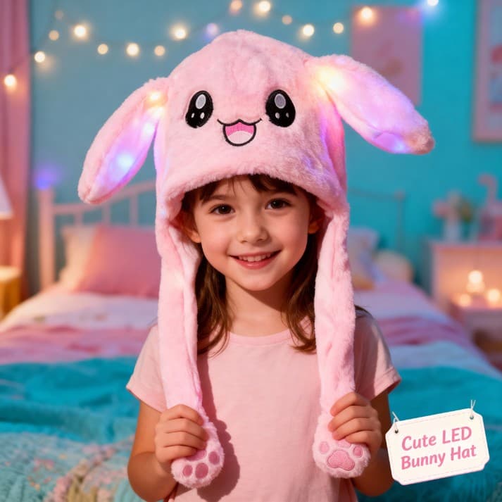 Unisex Plush Rabbit Hat with Moving Ears & LED Light – Cute Jumping Bunny TikTok Cap for Kids & Adults (Pink) - View 1